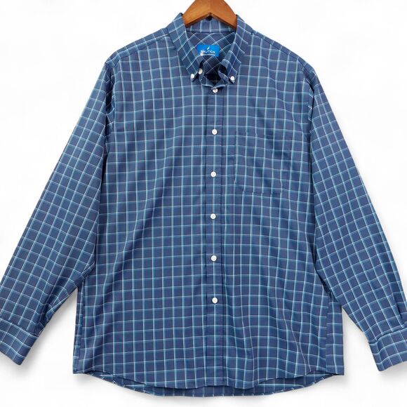 Nautica Shirt Mens Sz L Blue Plaid Performance Button Down Long Sleeve Stretch - Picture 1 of 11